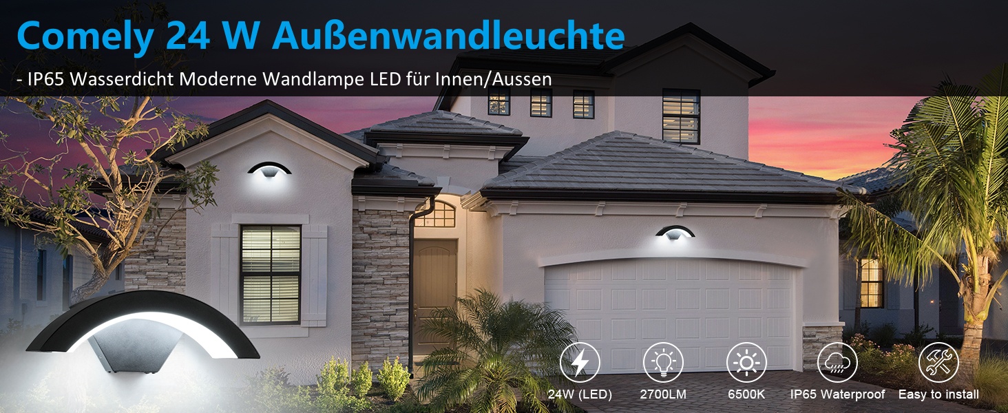 Зовнішня вулична LED-лампа Comely 24W з датчиком руху, IP65, алюміній, тепле світло 3000K, для саду, тераси, сходи, чорна