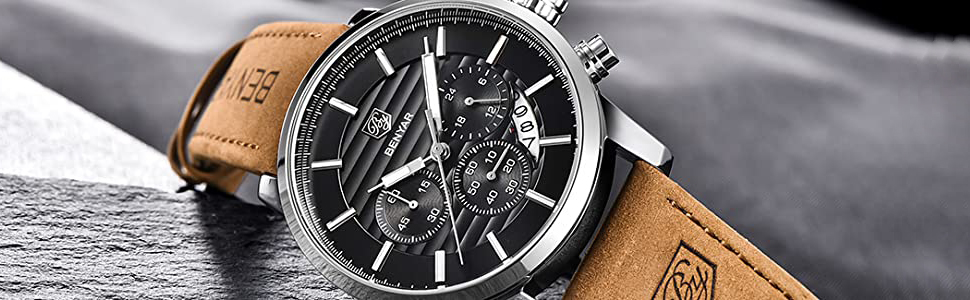 Годинник чоловічий Benyar: кварцовий хронограф, водонепроникний, з нержавіючої сталі, стильний аксесуар для бізнесу, спорту та відпочинку (колір: коричневий, срібний, чорний)