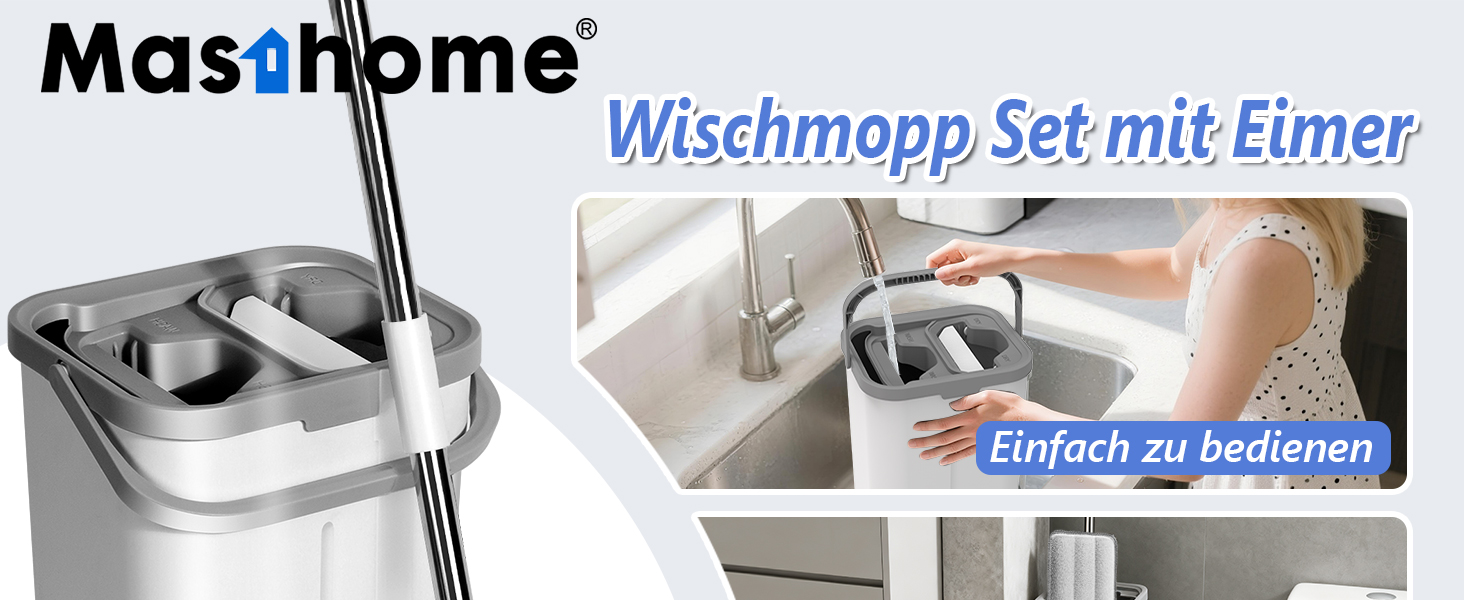 Набір для миття підлоги Wischmopp з відром Masthome: моп, 5 мікрофібрових насадок, ручка з нержавіючої сталі 140 см, відро з функцією віджиму, для всіх типів підлоги - білий, темно-сірий, блакитно-зелений
