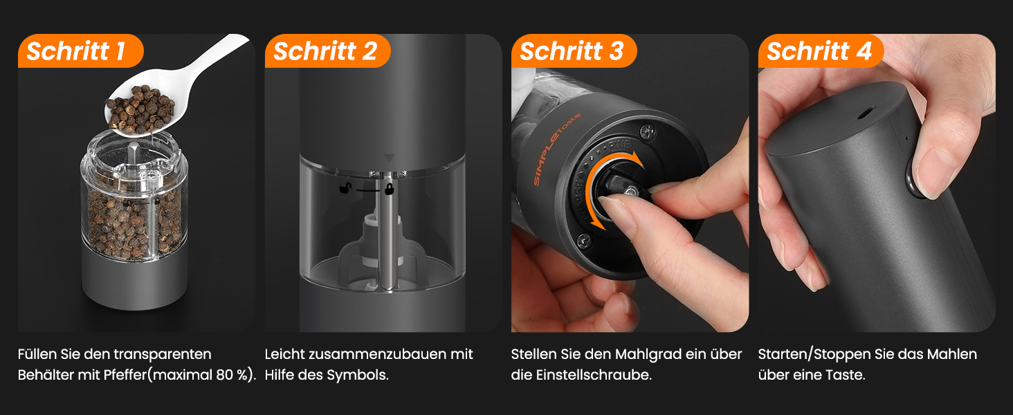 Електричні мельниці для спецій SIMPLETASTE 2 шт. з регульованим керамічним жорном, ABS, працюють від батарейок