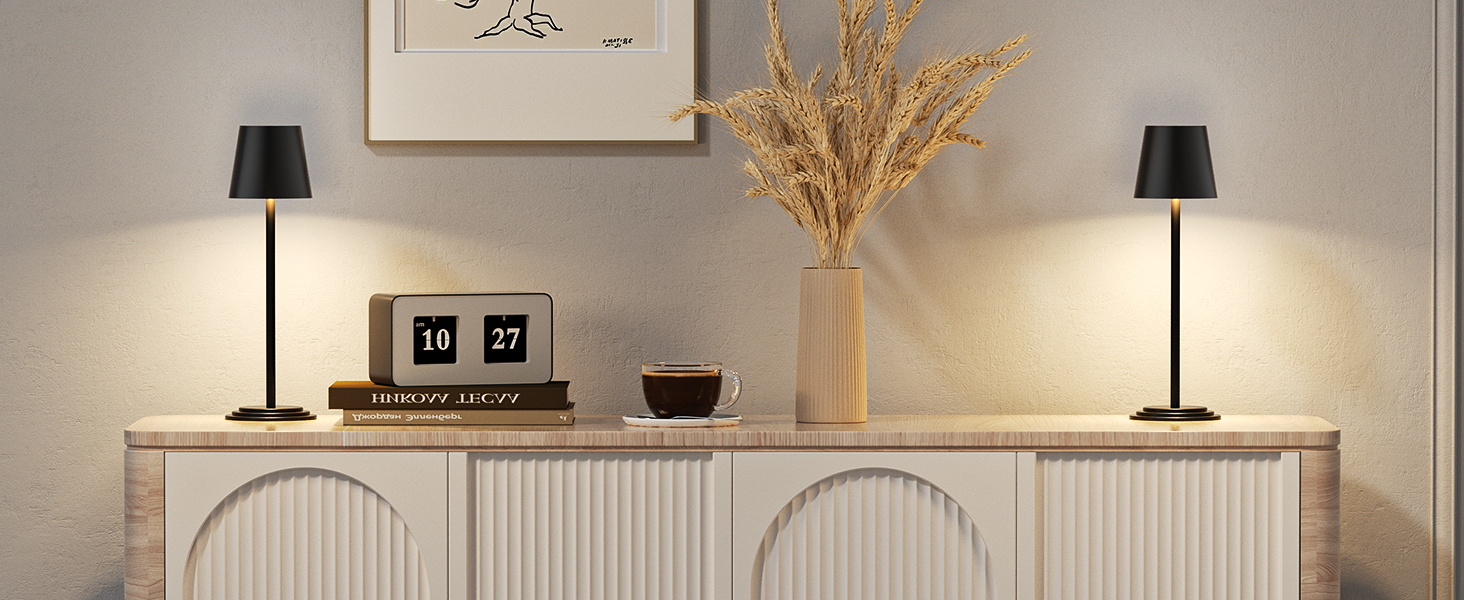 Настільна лампа бездротова акумуляторна 5200mAh, металева, з димером та регулюванням висоти, чорна з дерев'яними елементами для дому та кемпінгу
