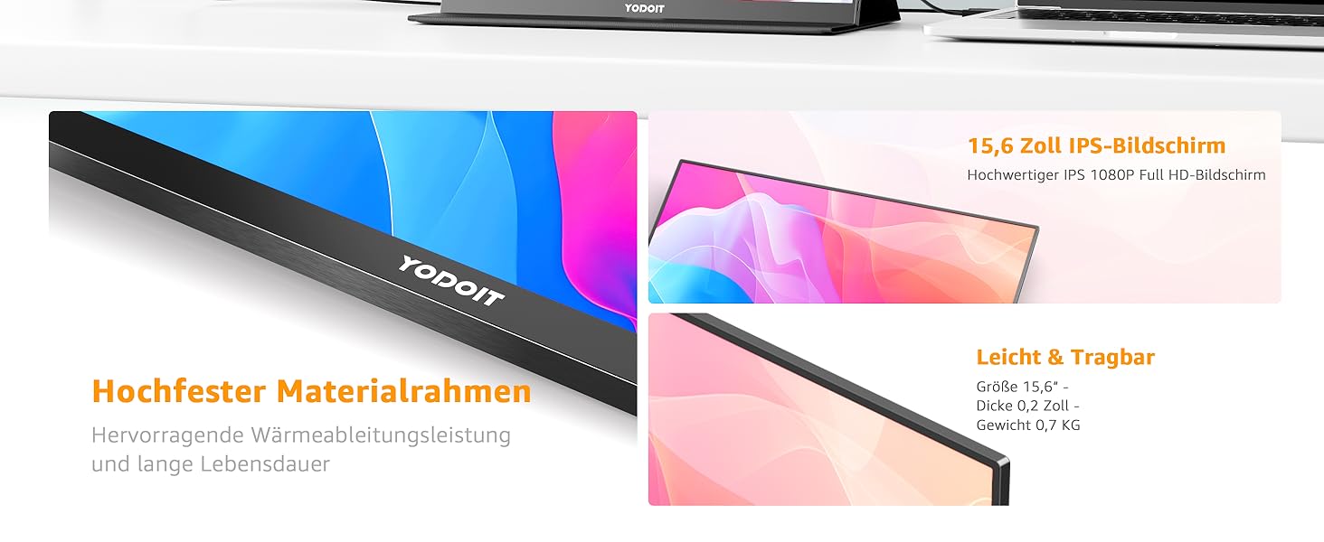 Портативний монітор Yodoit 15.6 дюймів: IPS дисплей FHD 1920x1080, USB-C та HDMI, вбудовані динаміки, захист зору для ПК, ноутбука, Xbox, PS3/4/5, Switch та TV. Чорний колір