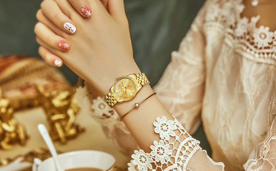 Годинник жіночий OLEVS з нержавіючої сталі, золотий, з датою, кварцовий, водонепроникний, аналоговий, на металевому браслеті