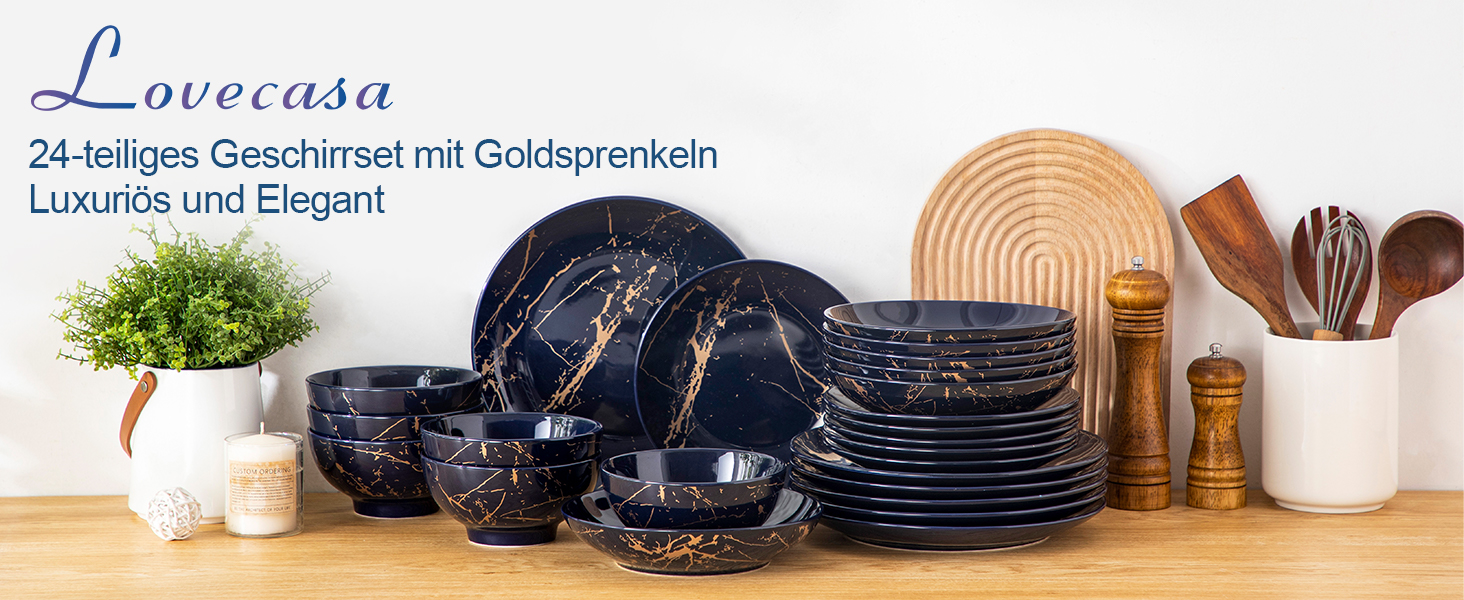 Набір посуду Lovelcasa Sweet Daphne, 32 елементи, порцеляновий сервіз з золотим декором для 8 осіб (темно-синій)