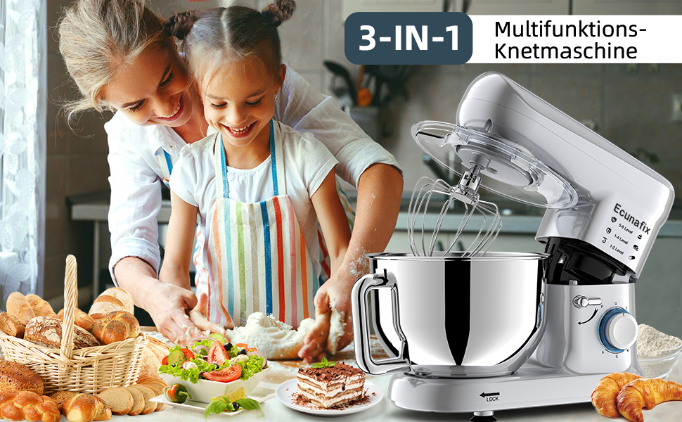 Кухонна машина-міксер 2000W з чашею з нержавіючої сталі 6,5Л, тістоміс з 6 швидкостями та набором насадок (вінчик, гак, міксер), срібляста