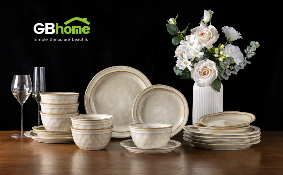 GBHOME Набір посуду з кераміки (12 предметів), керамічний, ручної роботи, реактивна глазур, тарілки та миски, стійкий до сколів та тріщин, придатний для миття в посудомийній машині та використання в мікрохвильовці, набір посуду на 4 особи, білий