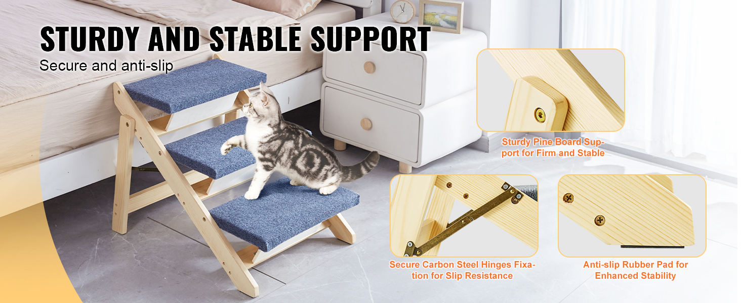 Сходи для домашніх тварин VEVOR з дерева, 2-в-1, складана, для собак та котів, для ліжка, дивану, автомобіля, 3 сходинки, до 68 кг
