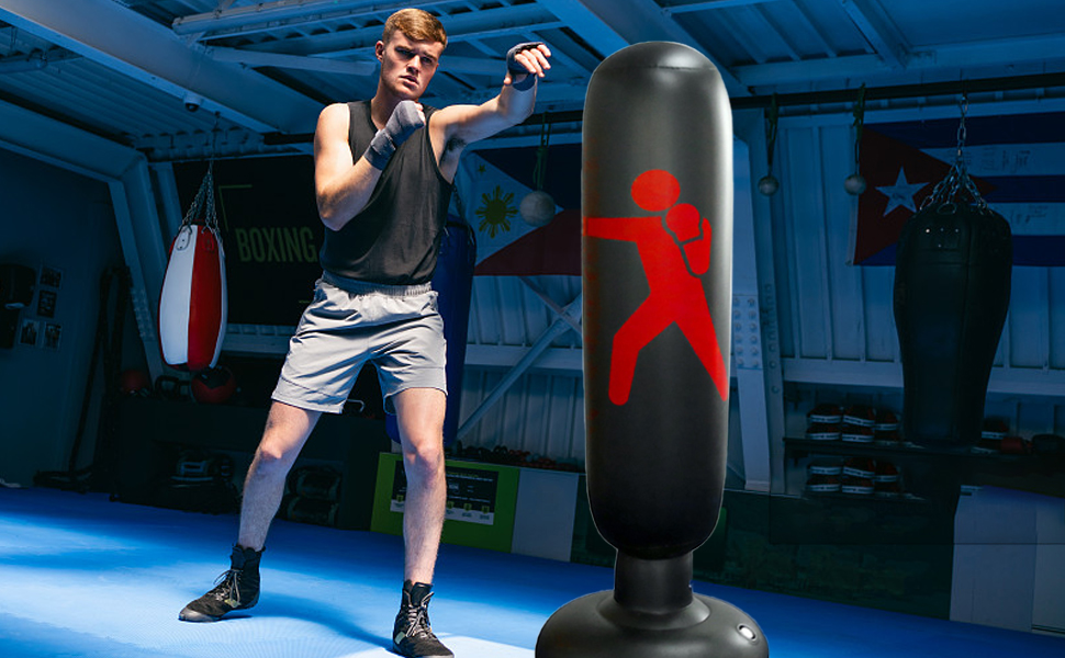 Надувний боксерський мішок для дітей 160 см, рукавиці та насос - для занять боксом, карате в приміщенні та на вулиці, чорний