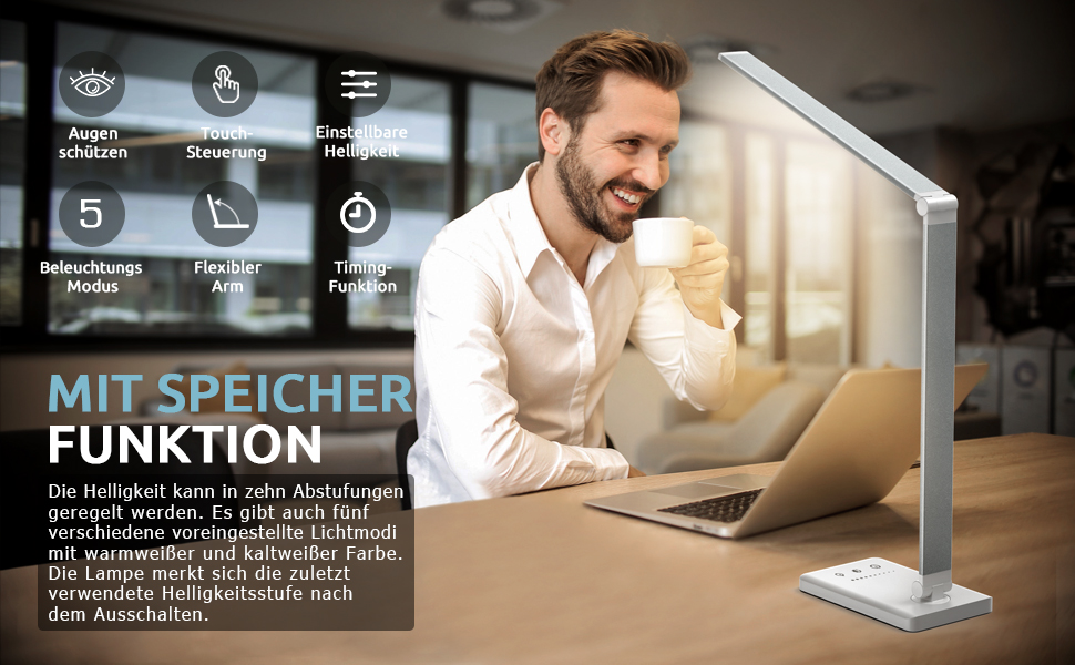 LED лампа настільна дитяча з регулюванням яскравості, 5 кольорів, 10 рівнів, захист очей, сенсорне керування, складана, з акумулятором 2500mAh, срібна