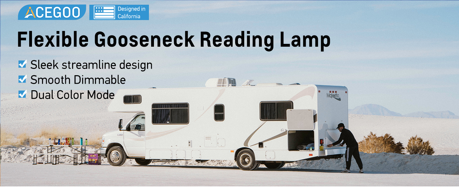 Світлодіодна лампа для кемпера Acegoo 12V/24V з USB зарядкою, червоним нічником, димуванням та гнучким кронштейном
