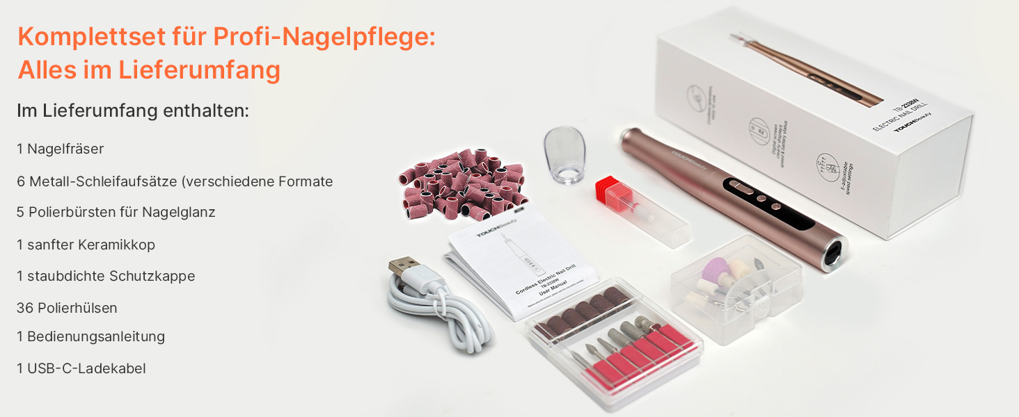 TOUCHBeauty Електрична пилка для нігтів: набір бездротовий, фрезер для манікюру та педикюру з LCD-дисплеєм, 5 швидкостей, тихий, пилозахисний, USB-зарядка (гель, акрил)