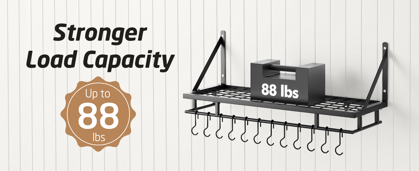 Kitchen Utensil Holder, Pan Holder, Kitchen Shelf, Kitchen with 12 Hooks, Hanging Shelf, Spice, Pan Shelf, Wall Shelf, Kitchen Rail, 75CM Wall Mount, Matte Black, KUR215S75A-BK
