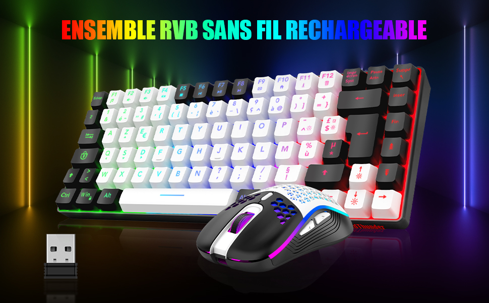 RedThunder K84 Combo: Бездротова клавіатура та миша USB, AZERTY (французька), 75% TKL, 3200 DPI (білий/чорний)