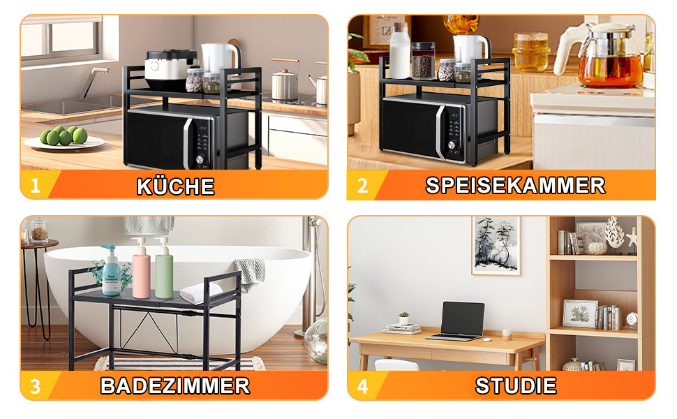 Розширювана полка для мікрохвильової печі, 2 яруси з 6 гачками, телескопічна полка для кухні 42-64 см, органайзер для спецій та кухонного приладдя (Чорний)