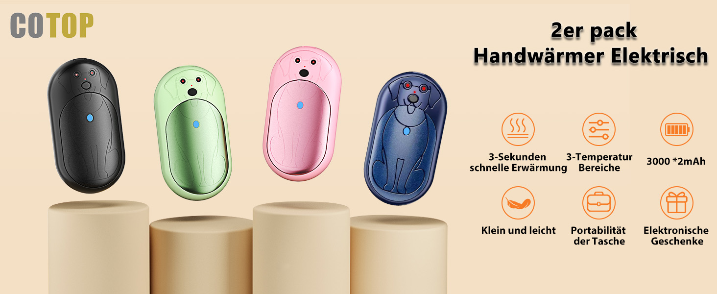 Електричні грілки для рук 6000mAh (2 шт.) - багаторазові, USB-C, 3 режими нагріву, подарунок для жінок, чоловіків, дітей, для катання на лижах, піших прогулянок, чорний