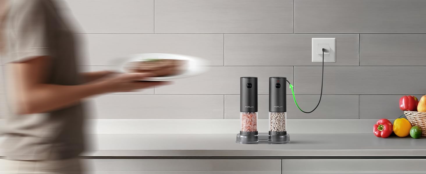 Електрична мельниця для солі та перцю FORLIM, USB-зарядка, регулювання помелу, 7 ступенів, 2 шт. (чорний+білий)