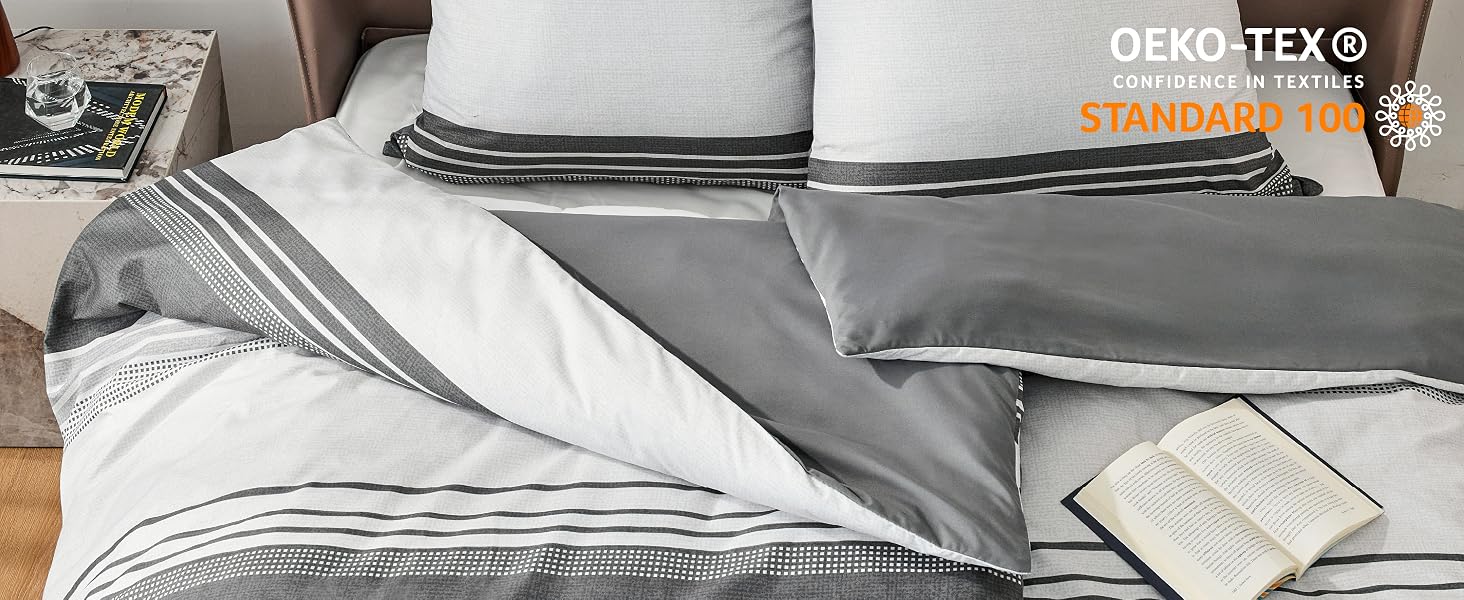 Комплект постільної білизни BEDSURE 3 предмети, сіра смугаста двостороння підковдра 200x200 см та 2 наволочки 80x80 см, сертифікат OEKO-TEX