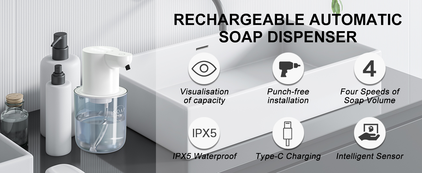 Автоматичний дозатор мила Cuteefun, 400 мл, сенсорний, індикатор заряду, 4 рівня дозування, для ванної/кухні, чорний