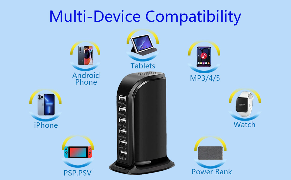 Зарядний пристрій USB мережевий 30W, 6 портів, для iPhone 12/13/14, Samsung Galaxy S22 Ultra/Z Fold/Z Flip, планшетів - Чорний