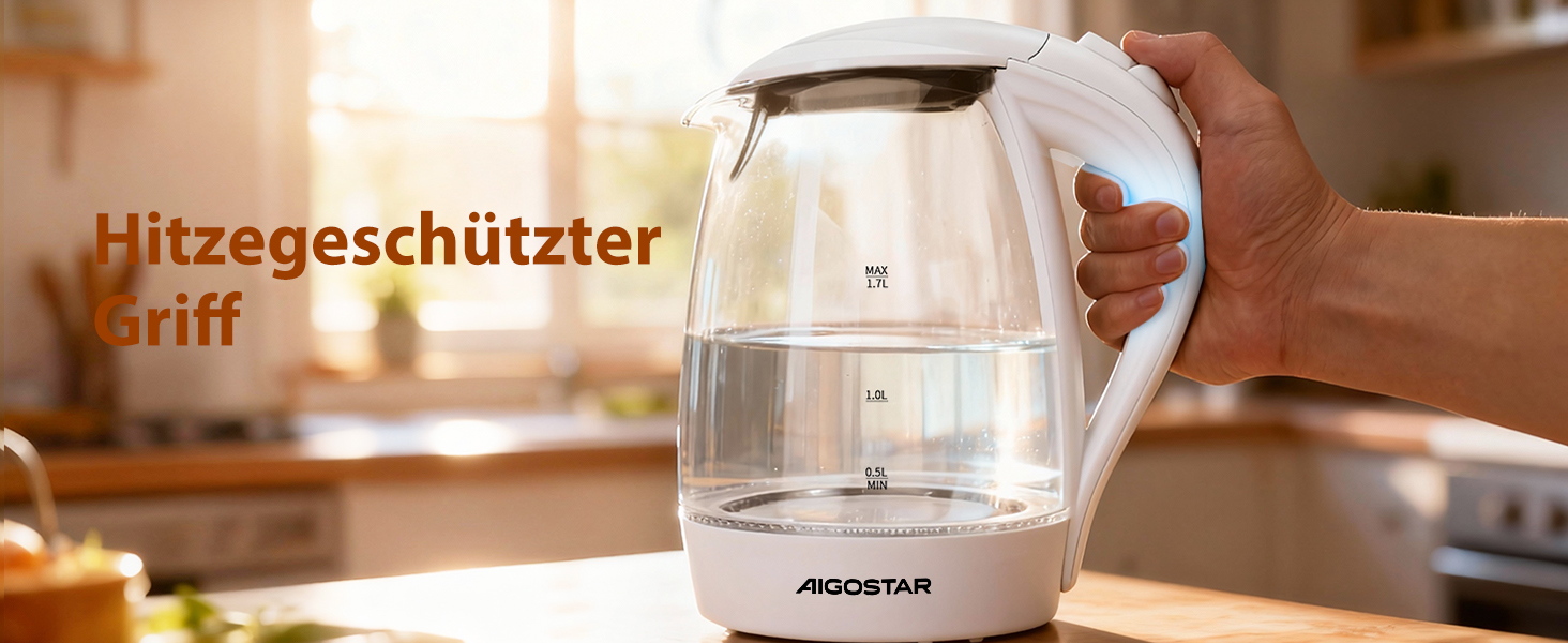 Електричний чайник Aigostar 1.7 л, 2200 Вт, зі скляною колбою, LED-підсвічуванням, без BPA, з фільтром від накипу, чорний (Eve)