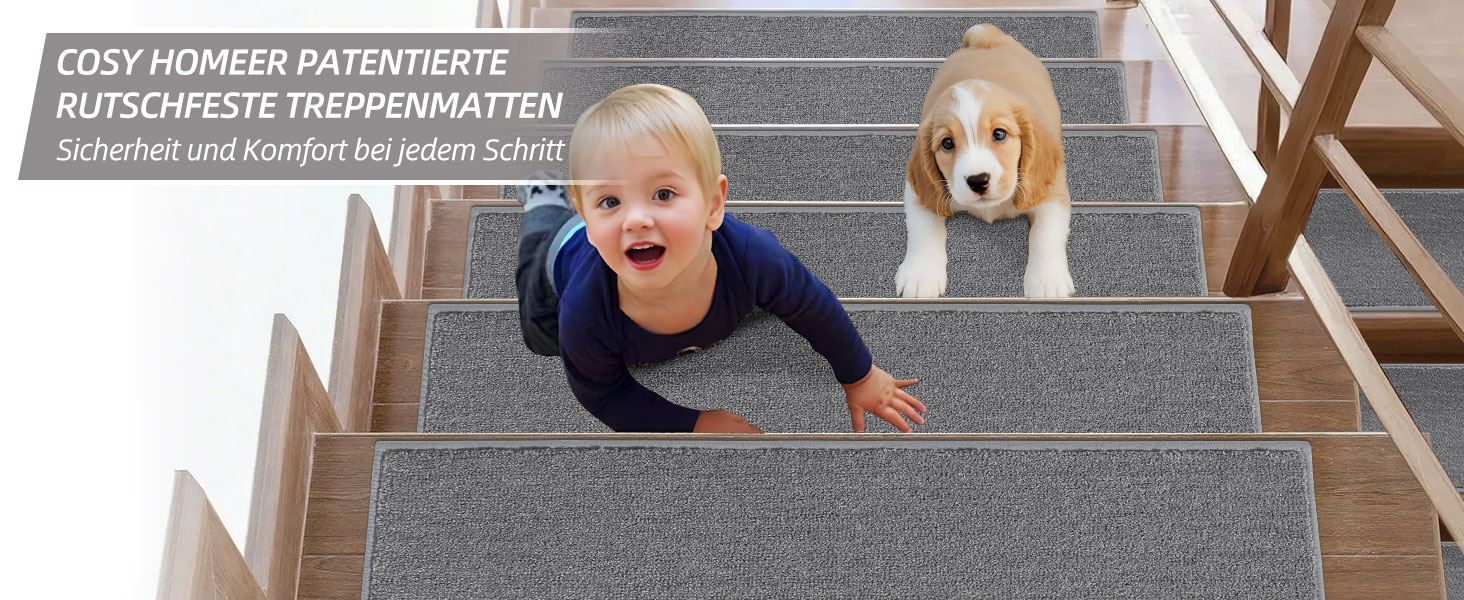 Ковзаючі сходинки для дому COSY HOMEER (15 шт.) 70x22 см, самоклеючі, машинне прання, 100% поліестер, TPE-підкладка, для дітей, літніх людей та домашніх тварин