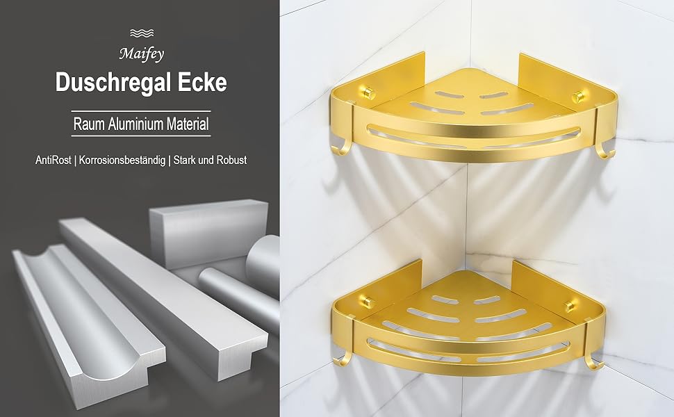Поличка для душу без свердління, кутова поличка для ванної кімнати з алюмінію Space, трикутна корзина для душу з гачками, органайзер для шампуню, антикорозійна (2 шт., піскоструминне золоте покриття)