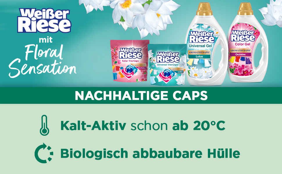 Універсальні капсули для прання Weißer Riese Trio-Caps Aromatherapy Floral Sensation з лотосом, інтенсивний аромат, 120 прань