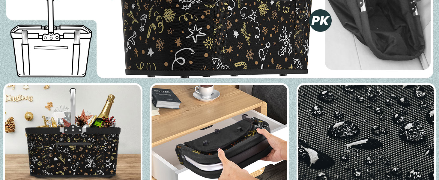 Складаний кошик для покупок на 30L з 4 стійками | Міцний кошик для перенесення та кошик для пікніка | Великий складаний кошик для сім'ї (46x27x25cm) | З м'якими ручками | Для покупок, подорожей, кемпінгу (30L, Чорний з новорічним принтом)