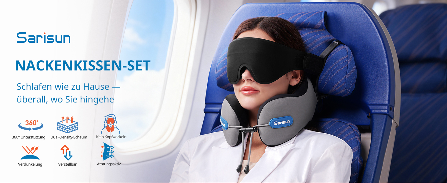 Подушка для шиї у літак Travel Pillow, подушка для подорожей з ременем та 3D-маскою для сну, Memory Foam, чорна