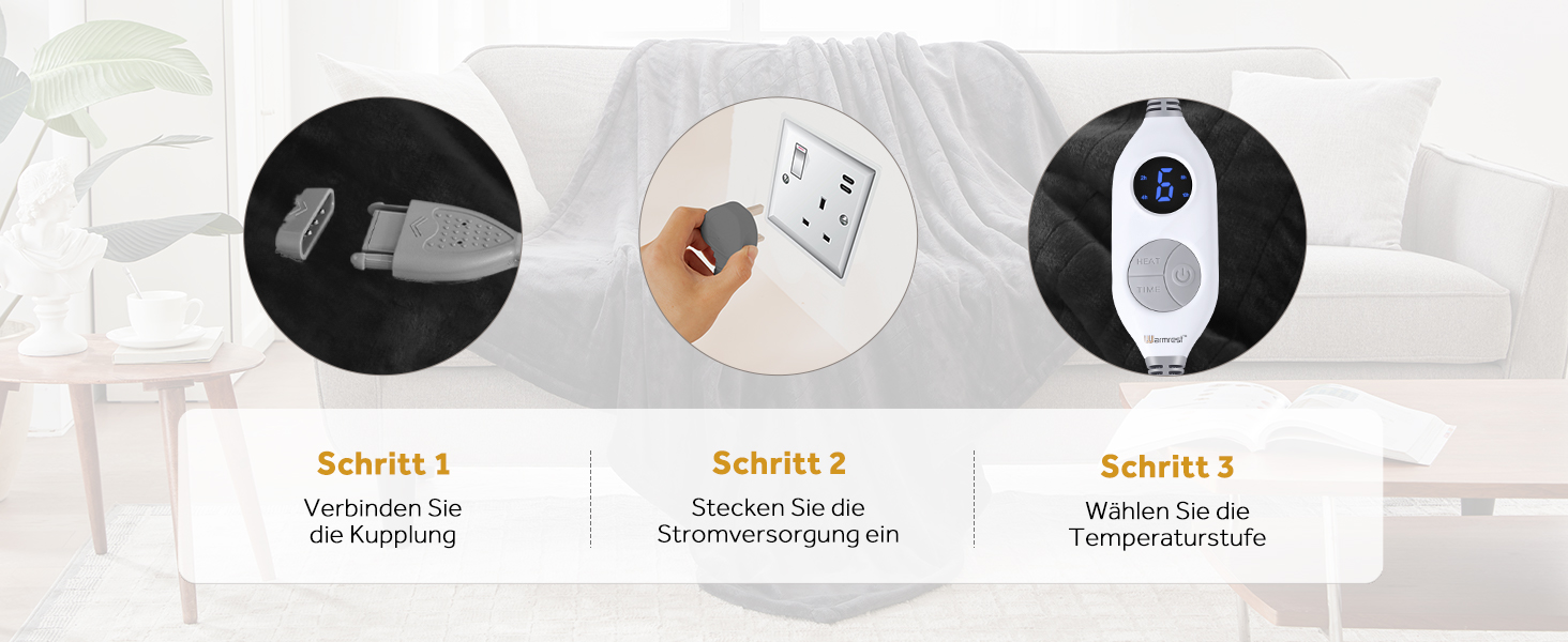 Електрична ковдра Warmrest, фланель, 130x180 см, 6 температурних режимів, таймер 1-10 год, автовимкнення та захист від перегріву, можна прати, сірий колір