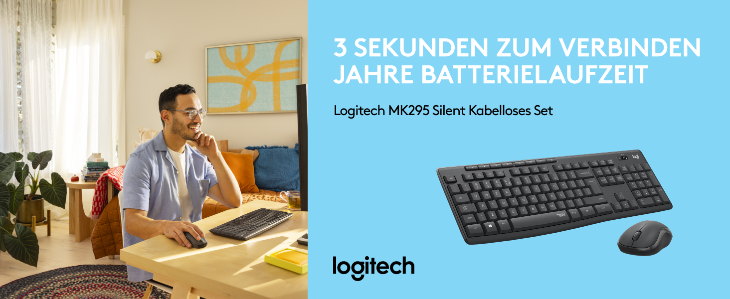 Комплект бездротової клавіатури та миші Logitech MK295 з технологією SilentTouch, QWERTZ, чорний, для комфортної роботи