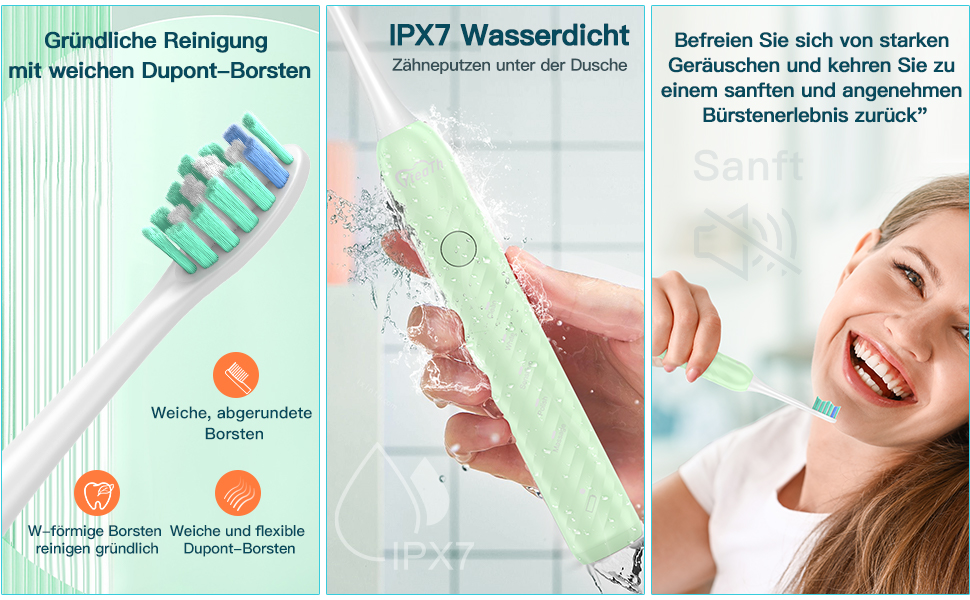 Електрична зубна щітка для дорослих з 6 насадками, акумуляторна звукова, 180 днів роботи, світло-зелена