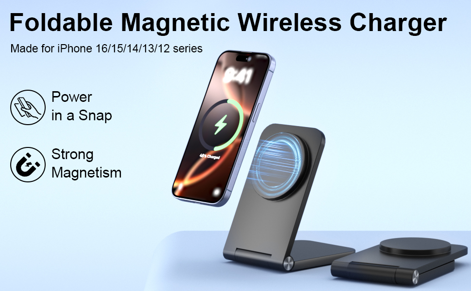Бездротовий зарядний пристрій MagSafe, складаний, швидка зарядка, сумісний з iPhone 17/16/15/14/13/12, AirPods 3/2/Pro 2/Pro, чорний