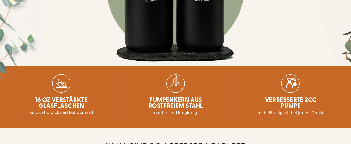 MaisoNovo Soap Dispenser Set - Soap Dispenser Kitchen - 500 ml Amber Bottles, Black Pumps, Glass Pump Dispenser, Soap Dispenser Set, 2-Piece Set and Concrete Tray - Dish Soap Dispenser Kitchen (Black Glass / Black Pump + Slate Tray)