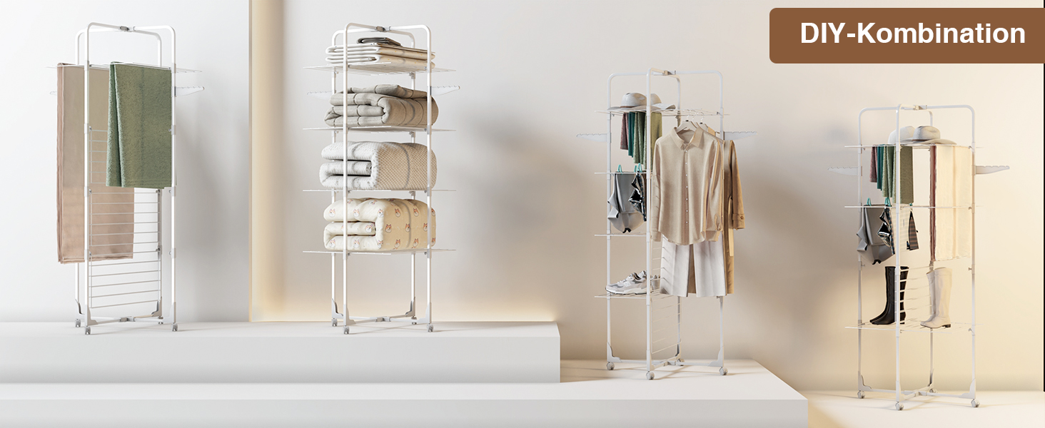 Стійка для сушіння білизни Innotic з 4 рівнями, складна та компактна на колесах, 168 см, для балкону та маленьких квартир, біла