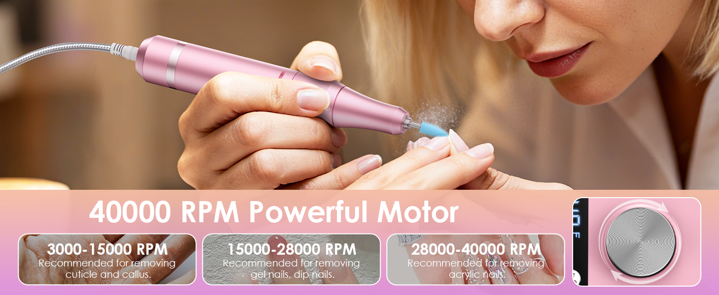 Електричний апарат для манікюру та педикюру з LCD-дисплеєм, 40000 об/хв, 15 насадок, рожевий. Для професійного та домашнього використання
