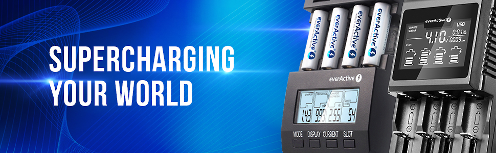 Зарядний пристрій everActive для 12 акумуляторів AAA/AA, швидка зарядка (4 години), LCD дисплей, режим оновлення, адаптер для автомобіля, модель NC-1200