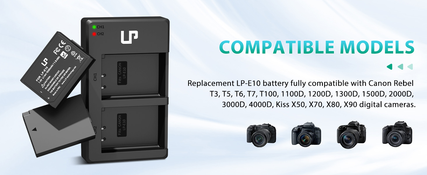 Комплект акумуляторів LP-E10 (2 шт) та подвійний зарядний пристрій 1600mAh для Canon EOS Rebel T7, T6, T5, T3, T100, 4000D, 3000D, 2000D, 1500D, 1300D