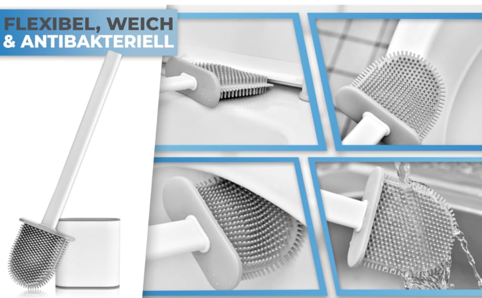 Силіконова щітка для унітазу MUVEN® з плоскою та гнучкою насадкою, швидковисихаючий тримач та гумові виступи - щітка для унітазу на стіну без свердління (білий, матовий)