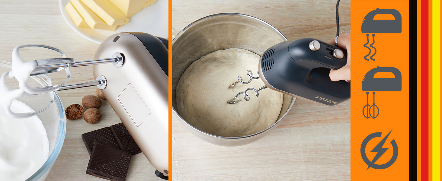 Ручний міксер Petra 300W з 5 швидкостями, турбо-функцією, гачками для тіста та вінчиками, сріблястого кольору