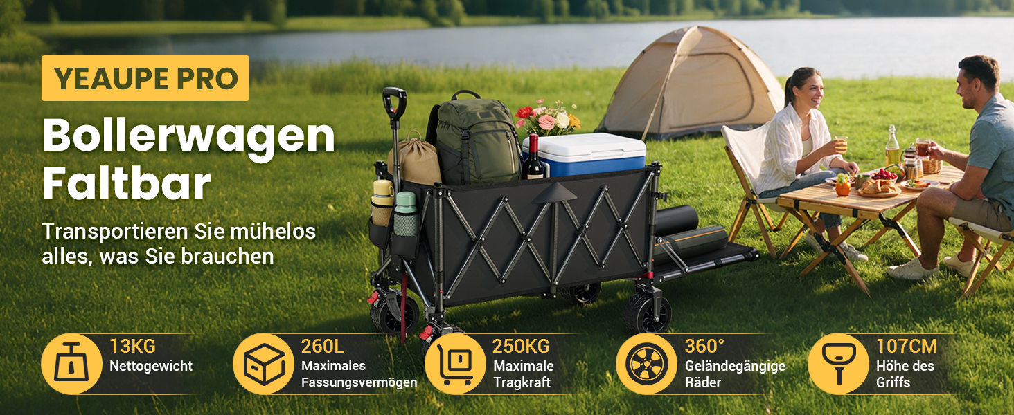 Універсальний складаний візок YEAUPE PRO 260L (250 кг) для пляжу, саду, покупок: міцний, чорний