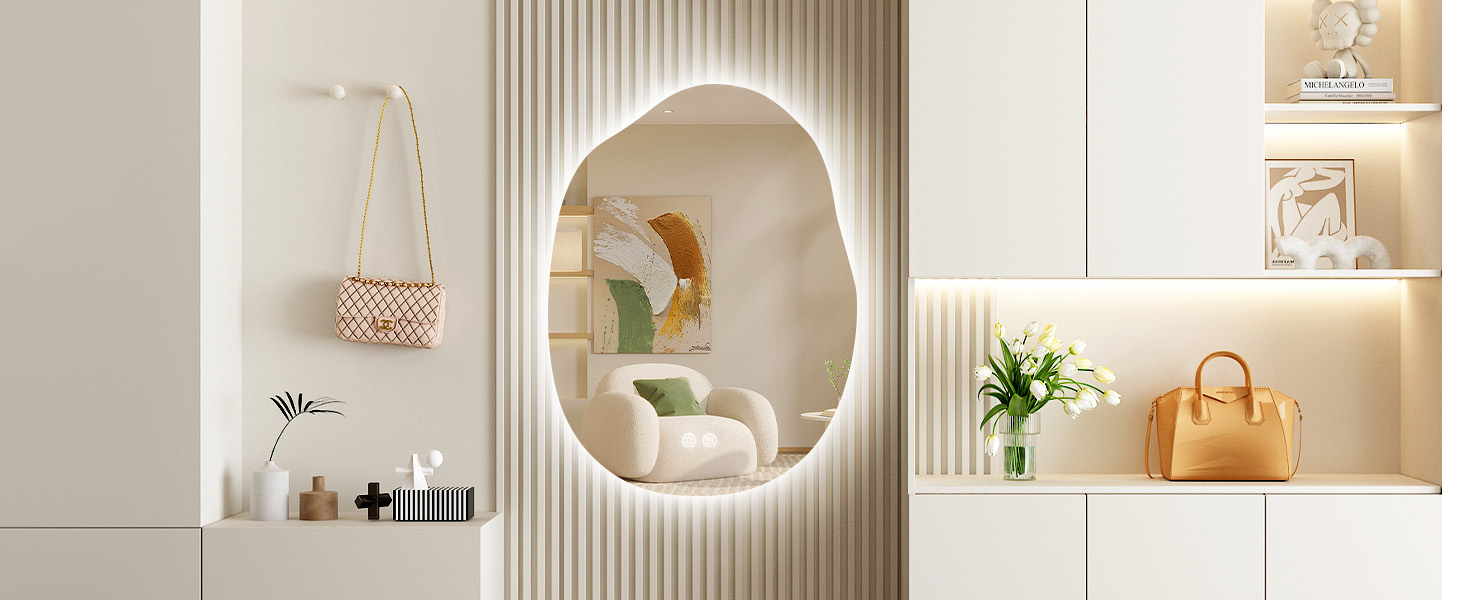 Дзеркало для ванної кімнати з підсвічуванням, арочне, без рами, 50x75 см. Антизапарник, сенсорне управління, регулювання яскравості, 3 кольори світла