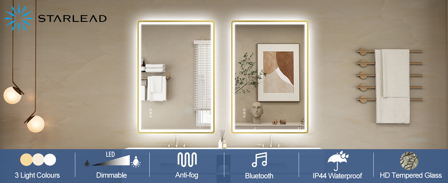 Дзеркало для ванної кімнати зі світлодіодним підсвічуванням STARLEAD 80x60 см, Bluetooth, протитуманне, регульоване, 3 кольори світла, HD скло, IP44, горизонтальне/вертикальне