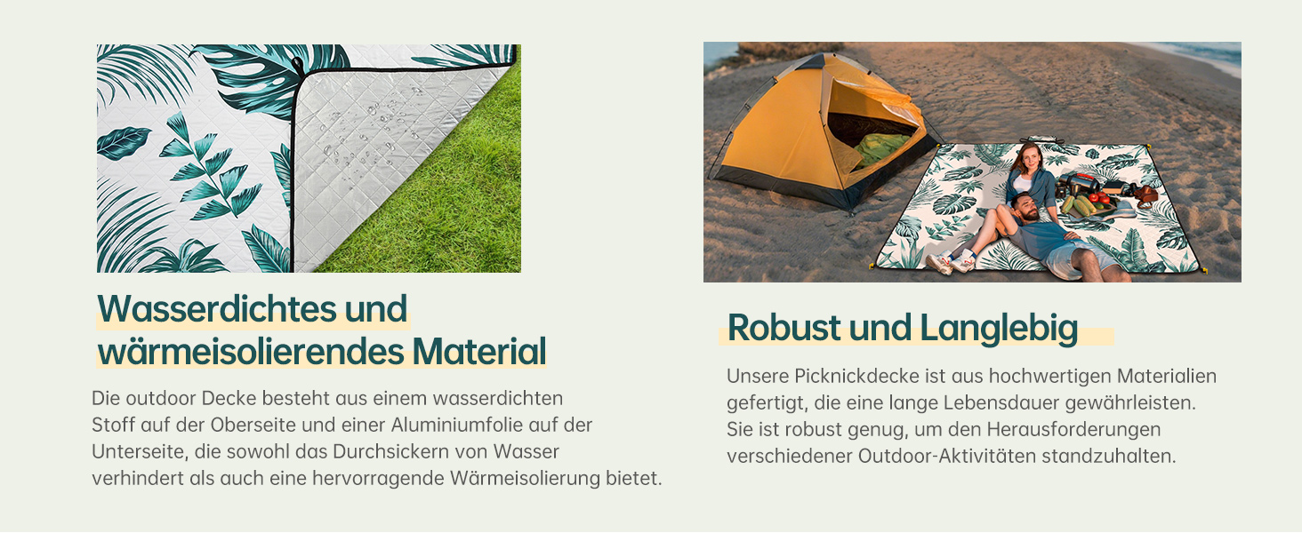 Плед для пікніка HAUSPROFI 200x300 см, водонепроникний, ізольований, XXL. Для пікніка, пляжу, кемпінгу. Бавовняна підкладка, ручка для перенесення, кілочки. Зручний, миючий, тримає форму. Зелений рослинний принт.