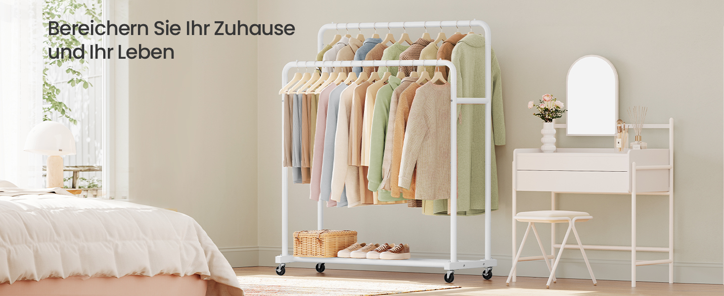 SONGMICS Вішалка для одягу на коліщатках, гардеробний стійка, білий матовий, 2 стійки, до 50 кг, 38 x 110 x 141,5 см, HSR016BH01