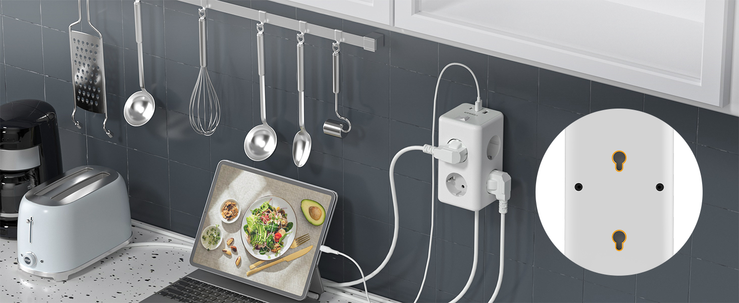 Мережевий фільтр TESSAN 6-fach з USB-C, 9 в 1 з вимикачем, 2 метри кабелю для дому та офісу