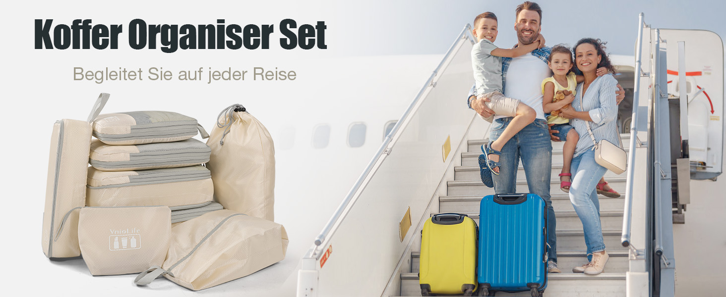 Набори для пакування валіз VnioLife (8 шт.) - Органайзери для подорожей, компресійні куби для одягу, синій та бежевий