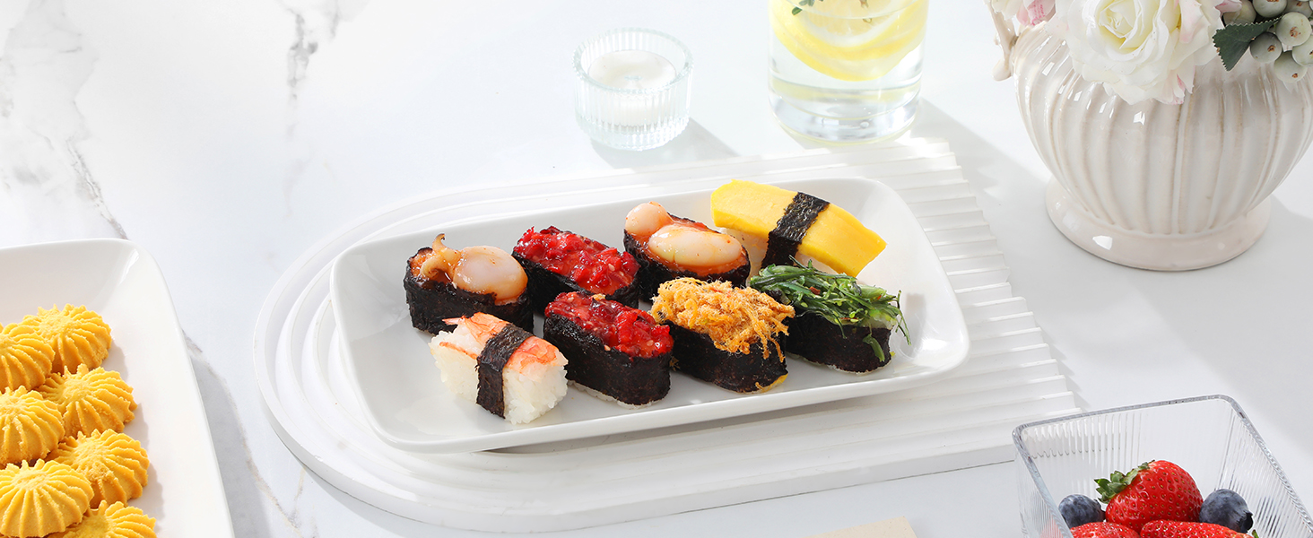 Сервірна таця MALACASA з порцеляни, 6-ти частинний набір, прямокутна, 25 x 14 см, біла. Ідеально для буфетів, суші, тортів та закусок вдома та в ресторані.