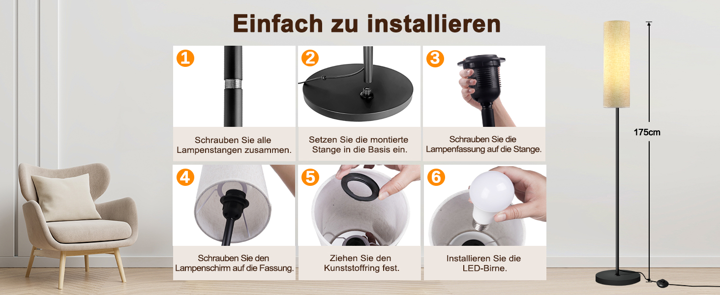 Стійка лампа для вітальні з 3 колірними температурами, 12W E27, бавовняний абажур, вимикач на нозі, LED диммер, підходить для спальні, читання, офісу (сучасний)