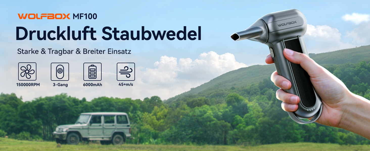Електричний повітряний пилосос WOLFBOX MF100 - 150000 обертів, бездротовий, 3 швидкості, для комп'ютера, авто та дому